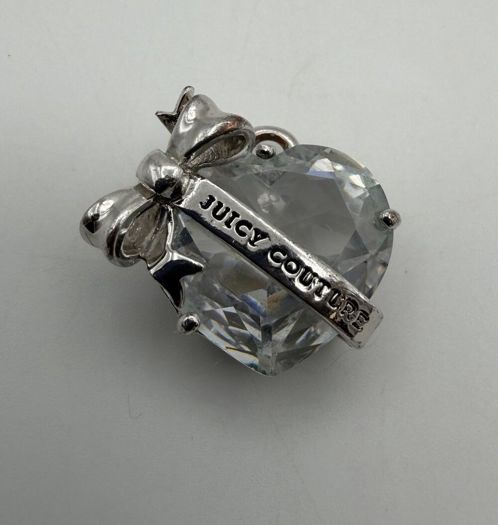 Juicy Couture Heart Bow Charm Pendant Banner Logo Silver Tone